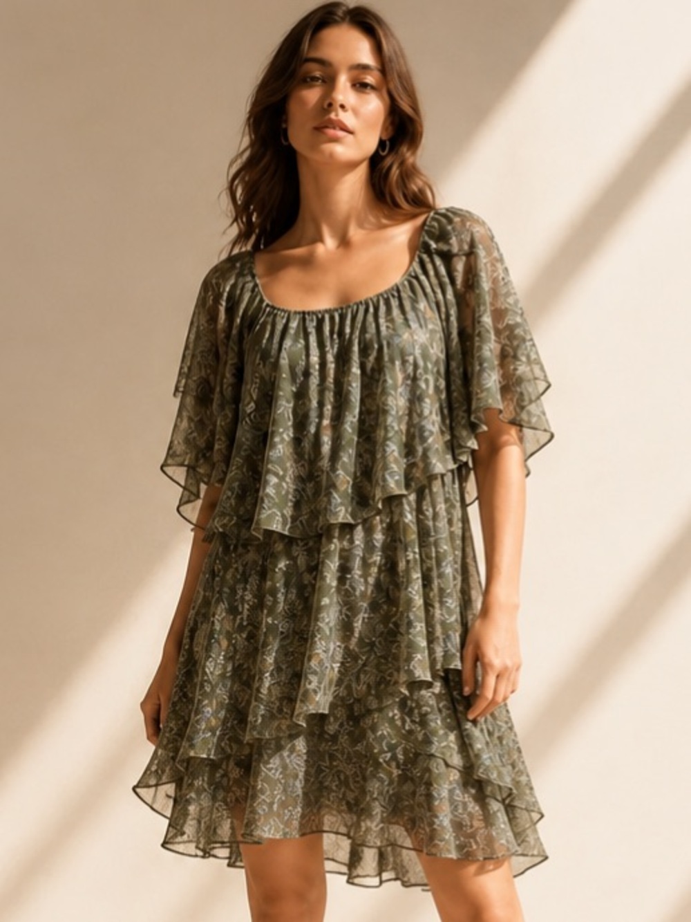 RYU Dress Ruffle Boho Romantic Sleeveless Tiered Cottagecore